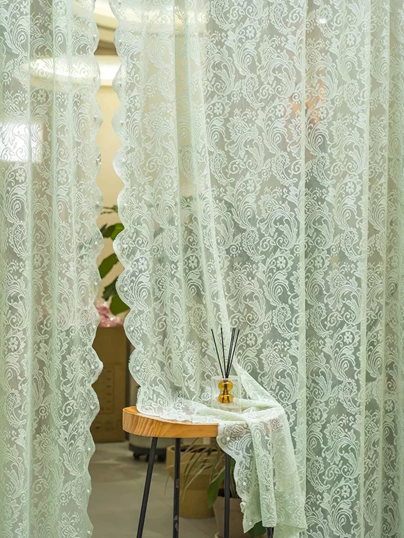 1Pc Green Lace Small Flower Tulle Curtain with Beaded Edge,Romantic Style for Living Room Bedroom Window Door Decoration