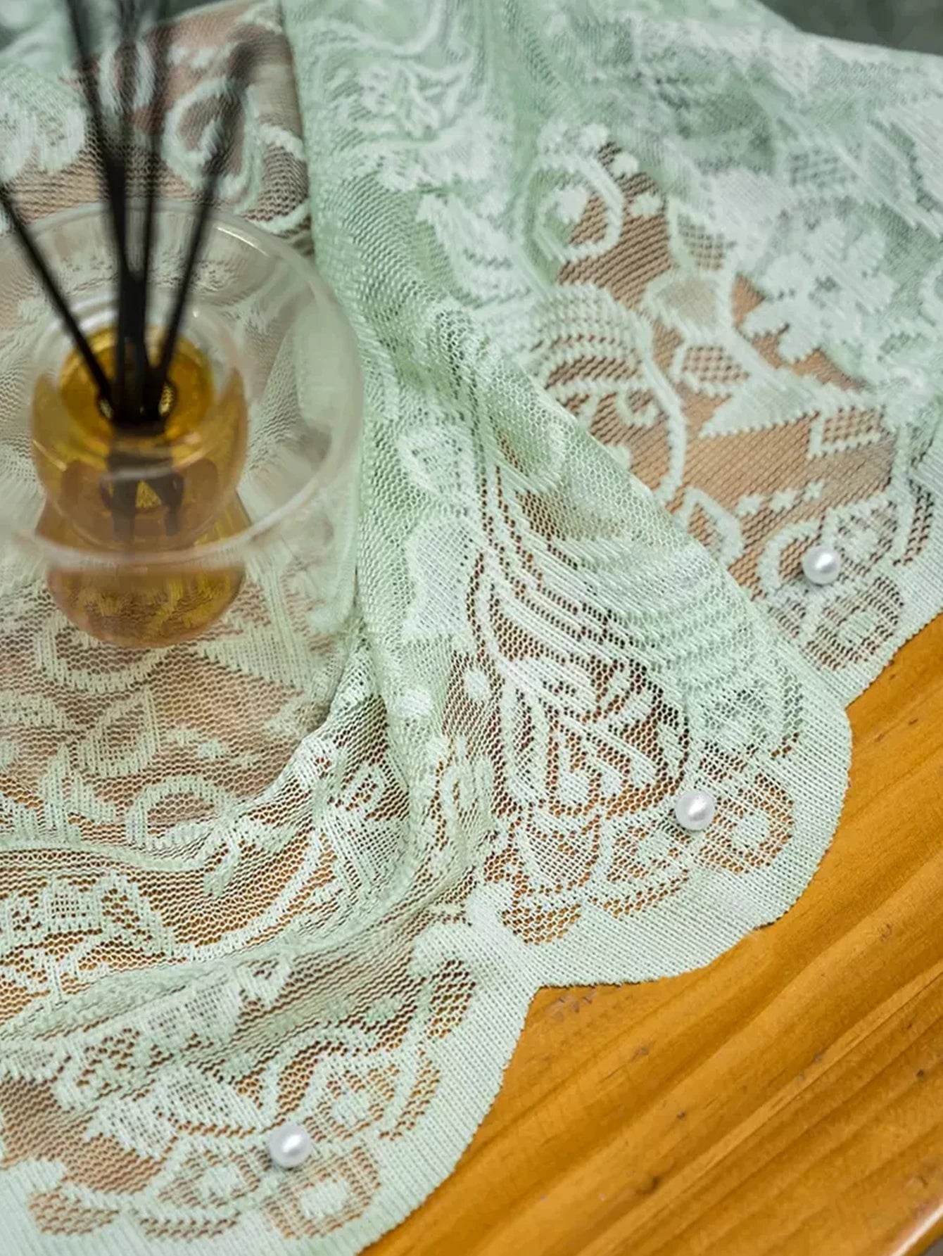 1Pc Green Lace Small Flower Tulle Curtain with Beaded Edge,Romantic Style for Living Room Bedroom Window Door Decoration - StudySphere