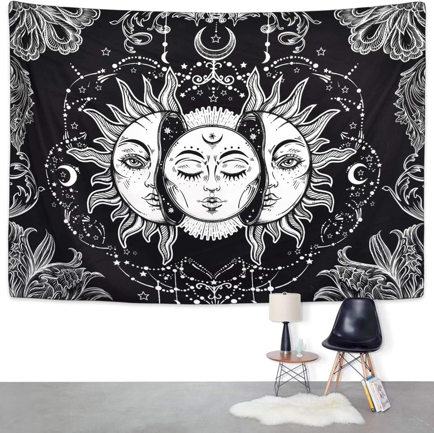 Black and White Sun and Moon Tapestry Wall Hanging Decor for Bedroom - 59" W X 51" L - StudySphere