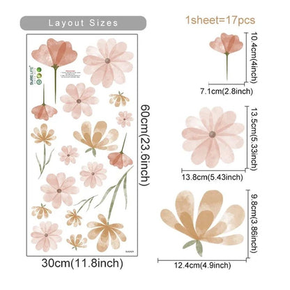 Boho Flowers Wall Stickers Watercolor Bedroom Living Room Home Decor Art Eco - Frienly Removable Decals PVC Murals - StudySphere