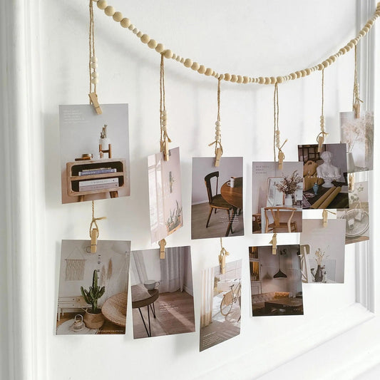 Boho Macrame Photo Display Wall Decor with Wooden Beads - StudySphere