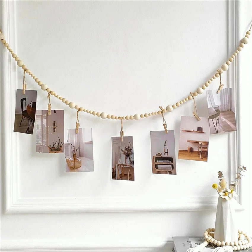 Boho Macrame Photo Display Wall Decor with Wooden Beads - StudySphere