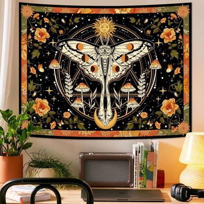 Boho Retro Floral Orange Moth Tapestry with Vintage Mushroom Design - Wall Hanging for Living Room or Dorm - 30.00'' × 40.00'' - StudySphere