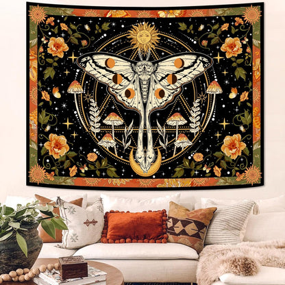 Boho Retro Floral Orange Moth Tapestry with Vintage Mushroom Design - Wall Hanging for Living Room or Dorm - 30.00'' × 40.00'' - StudySphere