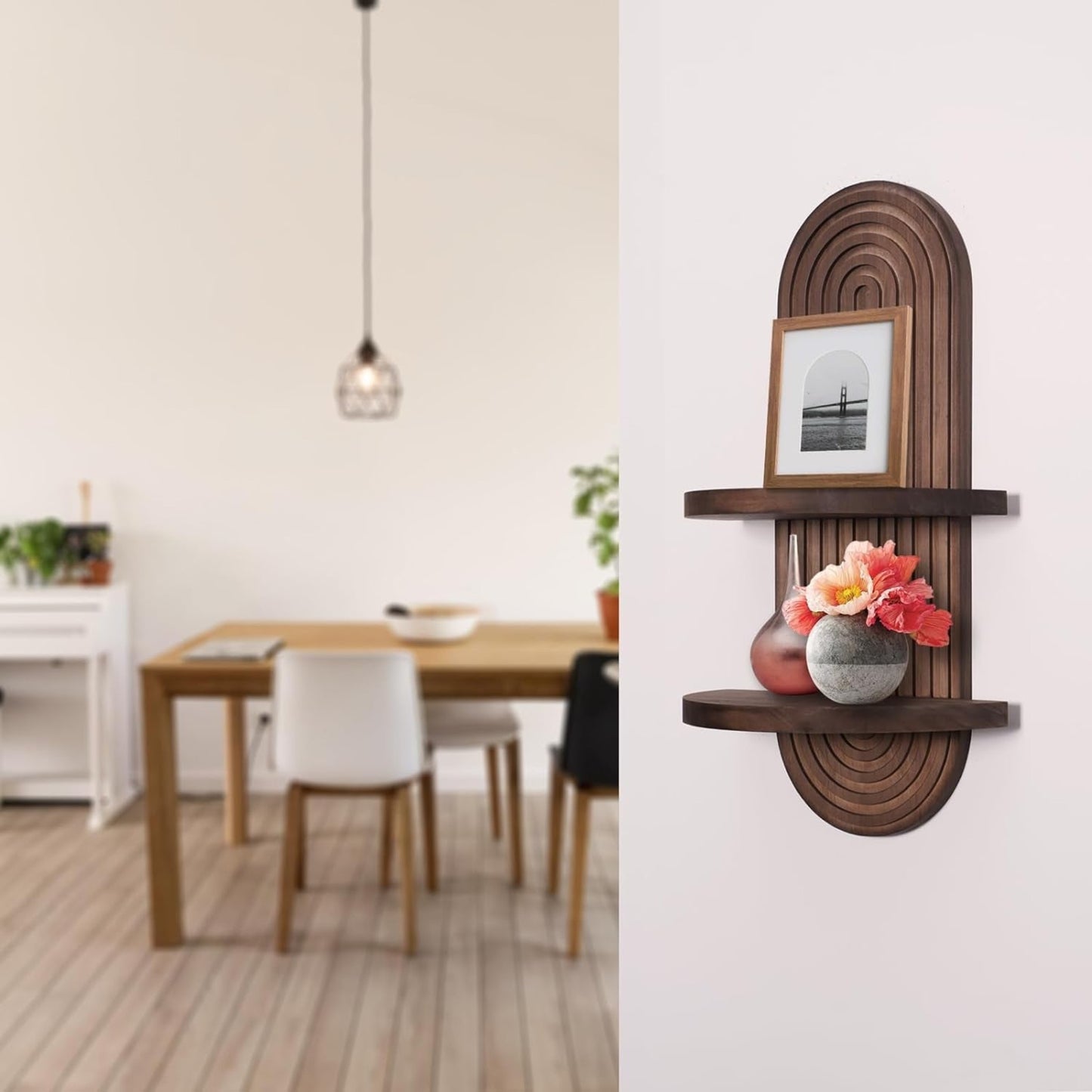 Boho Wooden Arched Wall Shelf - Dark Brown Floating Shelves - StudySphere