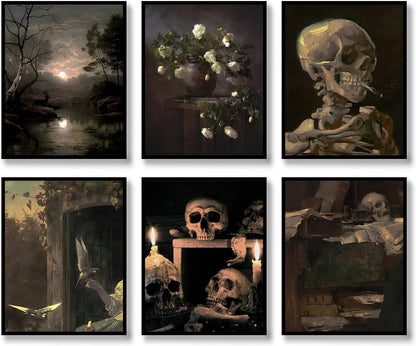 Dark Academia Wall Art Set - Set of 6 Vintage Gothic Prints for Halloween Home Decor - Grunge Aesthetic Canvas Posters for Living Room and Bedroom - 8" x 10" - StudySphere