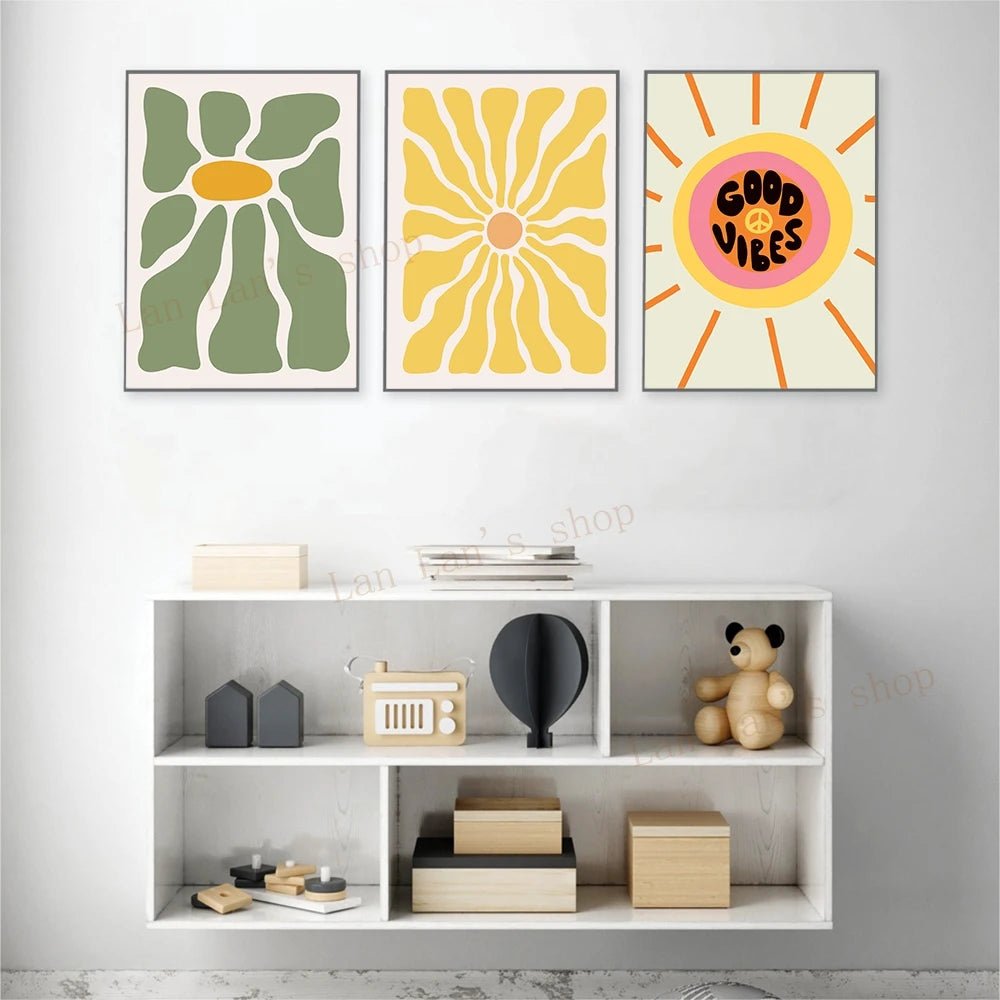 Flower Love Poster Vintage Abstract Sun Sunflower Smiley Face Print Boho Style Canvas Painting Modern Living Room Nursery Decor - StudySphere