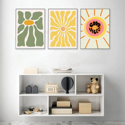 Flower Love Poster Vintage Abstract Sun Sunflower Smiley Face Print Boho Style Canvas Painting Modern Living Room Nursery Decor - StudySphere