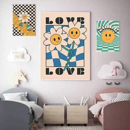 Flower Love Poster Vintage Abstract Sun Sunflower Smiley Face Print Boho Style Canvas Painting Modern Living Room Nursery Decor - StudySphere