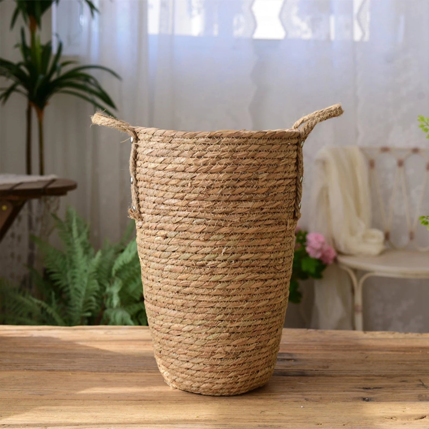 Retro Brown Rattan Flower Vase - Woven Boho Decor - StudySphere