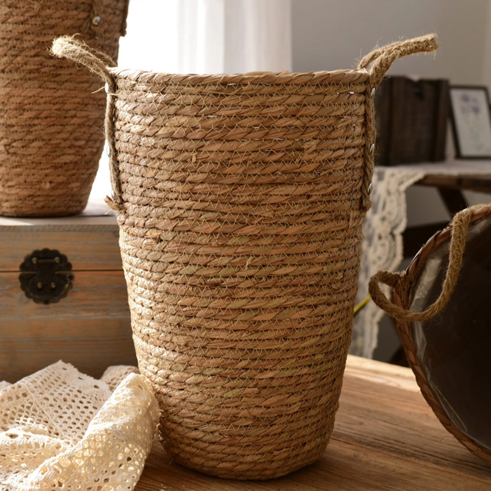 Retro Brown Rattan Flower Vase - Woven Boho Decor - StudySphere