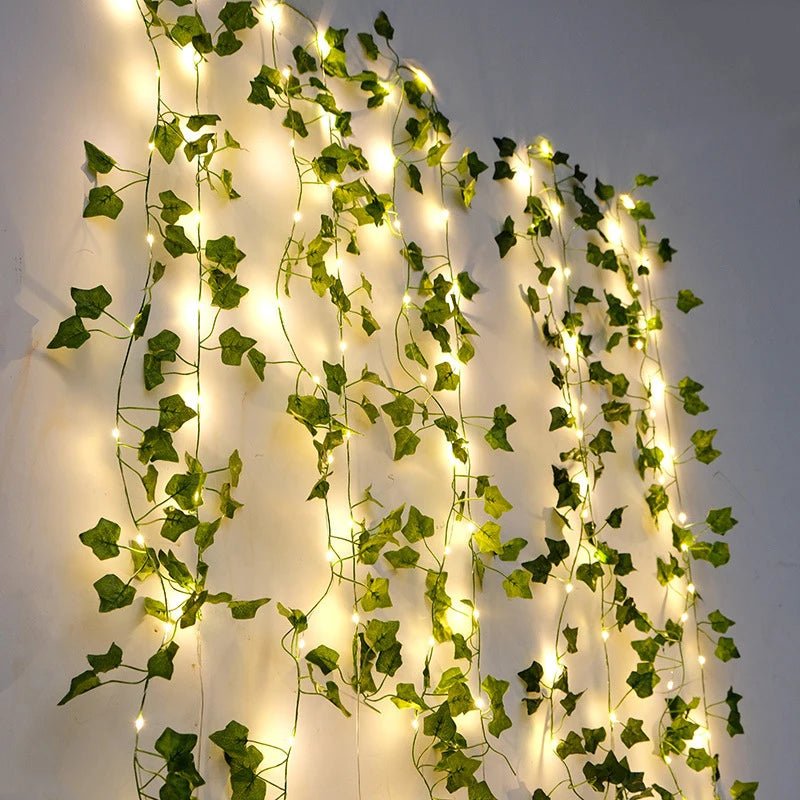 Silk Leaves Ivy Vine with LED String Lights - 2.3M Fake Green Leaf Garland - StudySphere