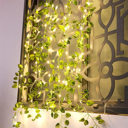 Silk Leaves Ivy Vine with LED String Lights - 2.3M Fake Green Leaf Garland - StudySphere