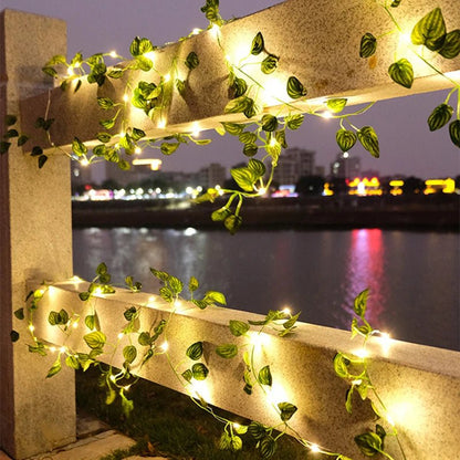 Silk Leaves Ivy Vine with LED String Lights - 2.3M Fake Green Leaf Garland - StudySphere