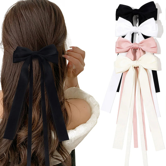 Solid Color Double Bow Hair Clips with Long Tassels - Coquette Aesthetic Hair Accessories - StudySphere