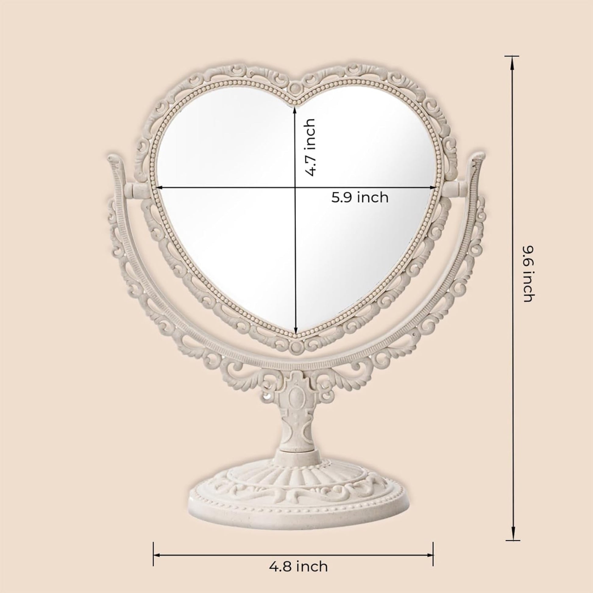 Vintage Heart Desk Makeup Mirror - 7 Inch Double Sided Vanity Mirror (Beige) - StudySphere