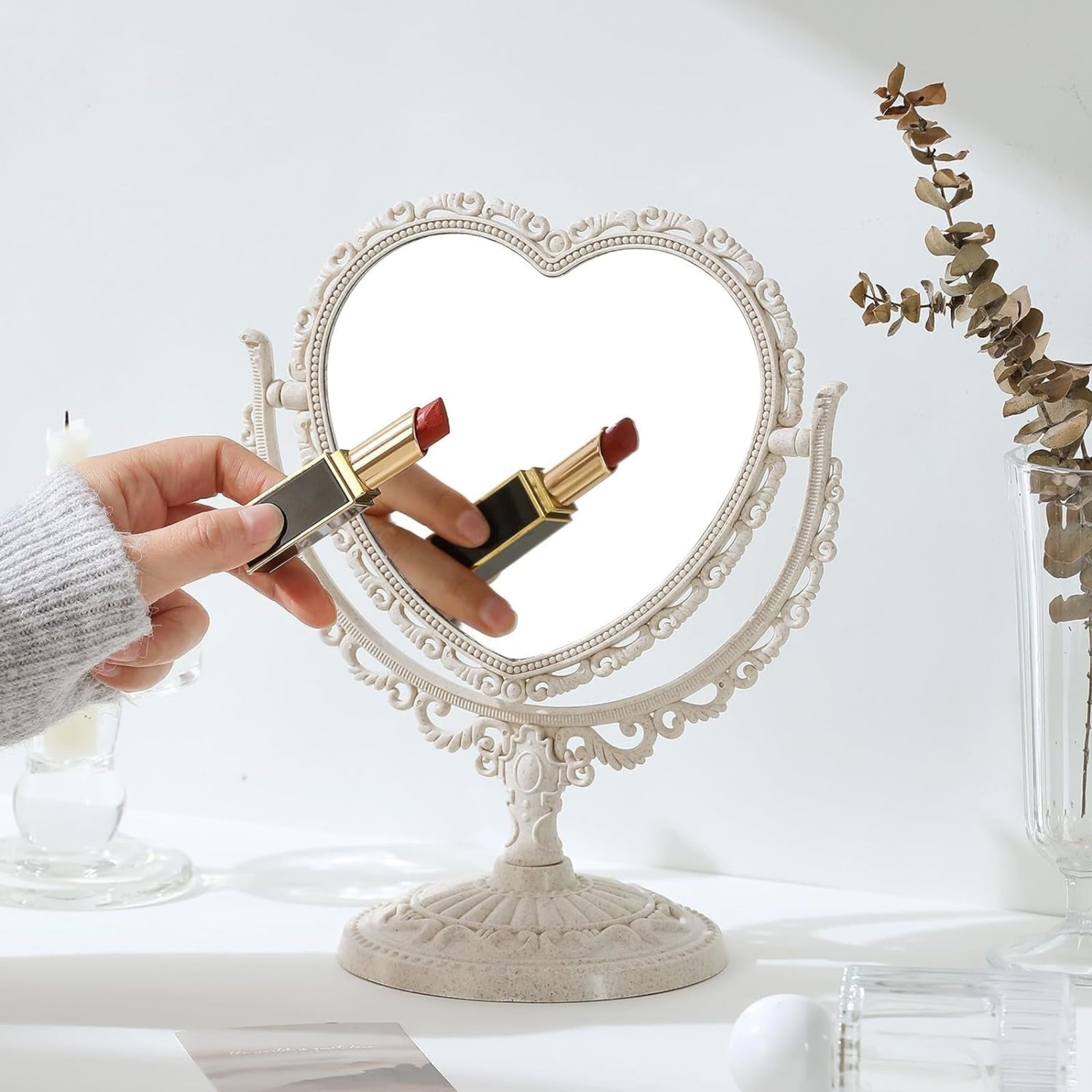 Vintage Heart Desk Makeup Mirror - 7 Inch Double Sided Vanity Mirror (Beige) - StudySphere