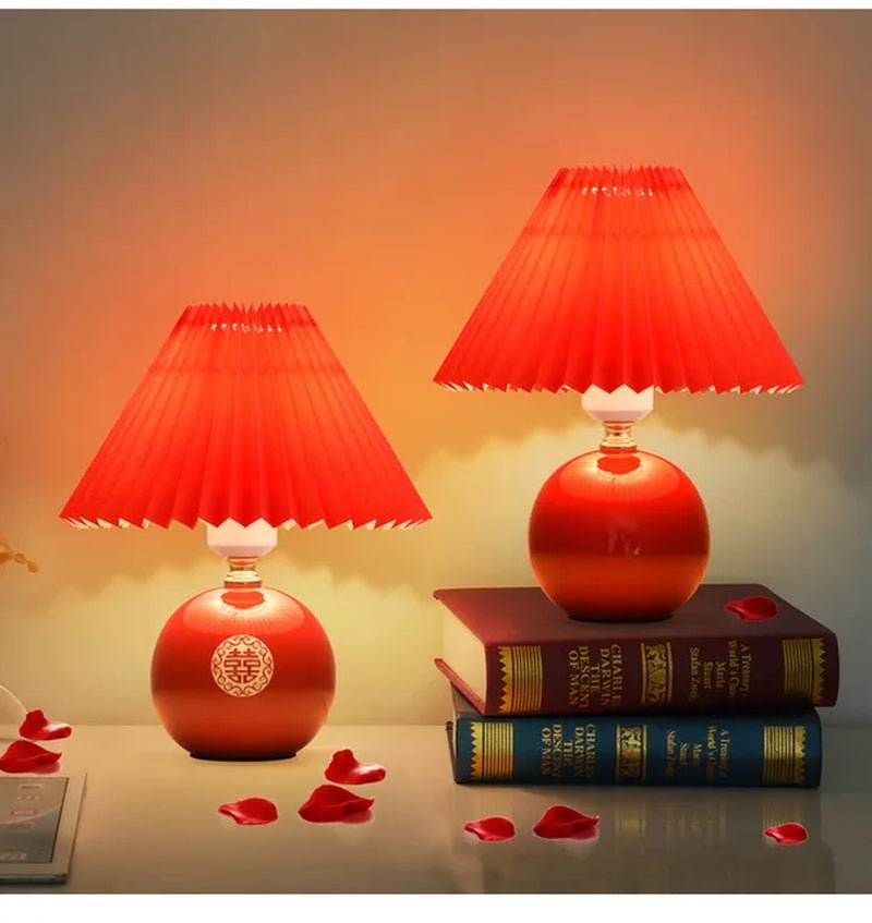 Vintage Nordic Cream Pleated Wind Table Lamp Decorated with Ceramic Atmosphere Cute Warm Comfortable Bedroom Nightlight - StudySphere