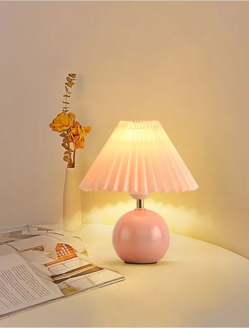 Vintage Nordic Cream Pleated Wind Table Lamp Decorated with Ceramic Atmosphere Cute Warm Comfortable Bedroom Nightlight - StudySphere