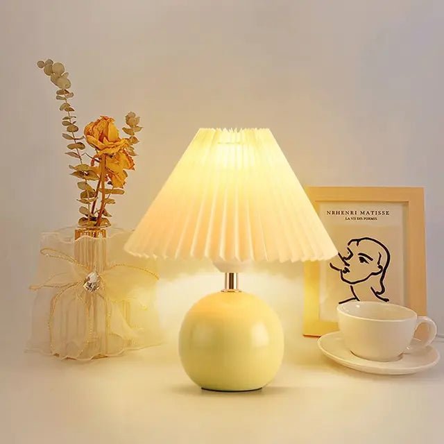 Vintage Nordic Cream Pleated Wind Table Lamp Decorated with Ceramic Atmosphere Cute Warm Comfortable Bedroom Nightlight - StudySphere