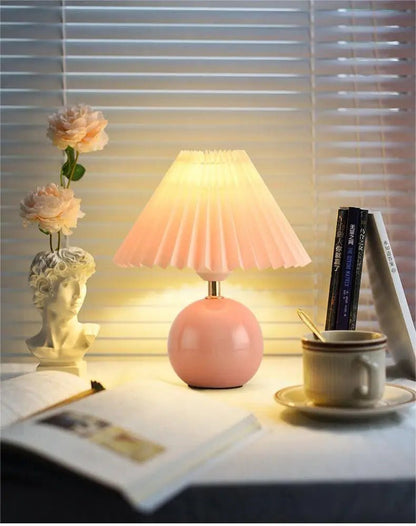 Vintage Nordic Cream Pleated Wind Table Lamp Decorated with Ceramic Atmosphere Cute Warm Comfortable Bedroom Nightlight - StudySphere