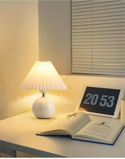 Vintage Nordic Cream Pleated Wind Table Lamp Decorated with Ceramic Atmosphere Cute Warm Comfortable Bedroom Nightlight - StudySphere