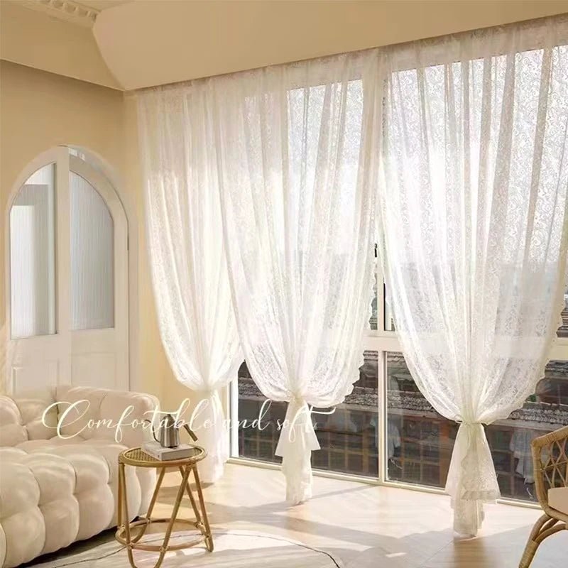 White Lace Curtain French Tulle Drapes - Coquette Aesthetic Room Decor - StudySphere