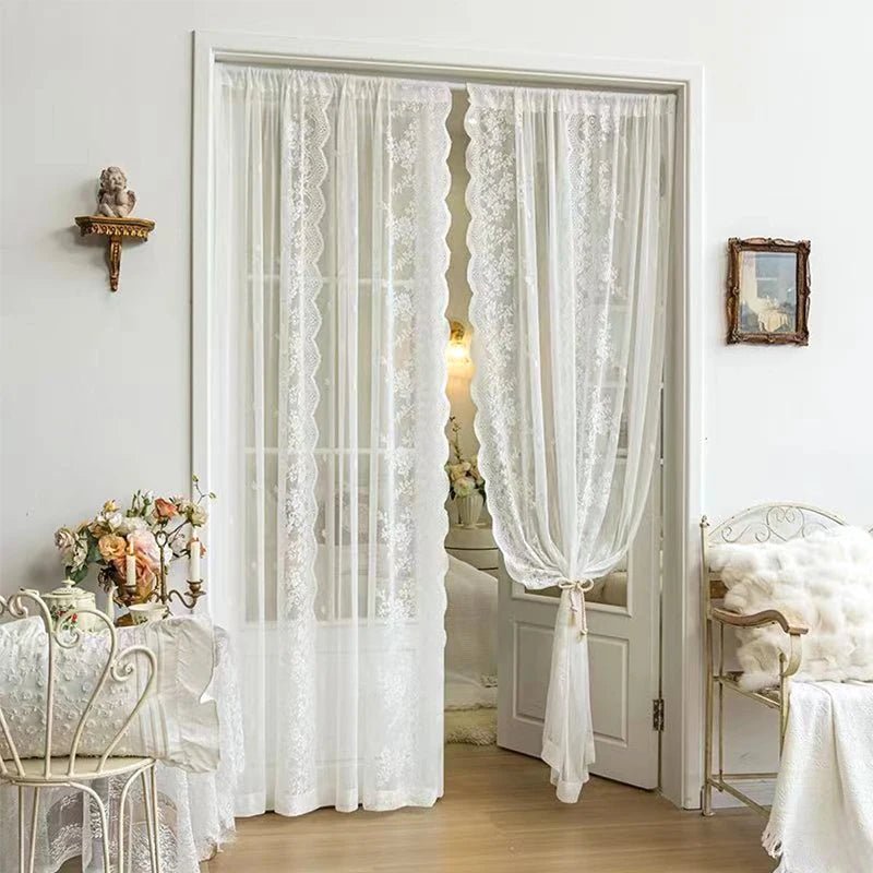 White Lace Curtain French Tulle Drapes - Coquette Aesthetic Room Decor - StudySphere