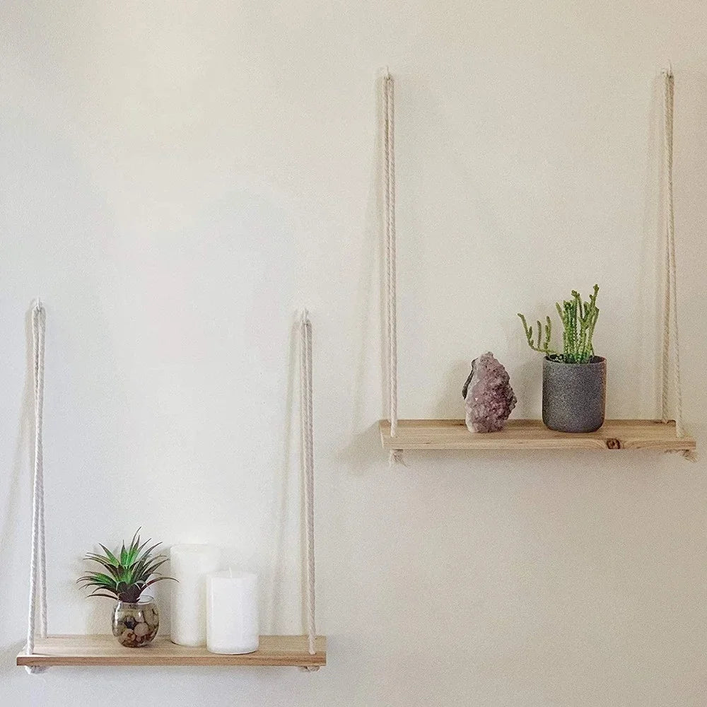 Wood Swing Hanging Rope Wall Mounted Floating Shelves Indie Decor - StudySphere