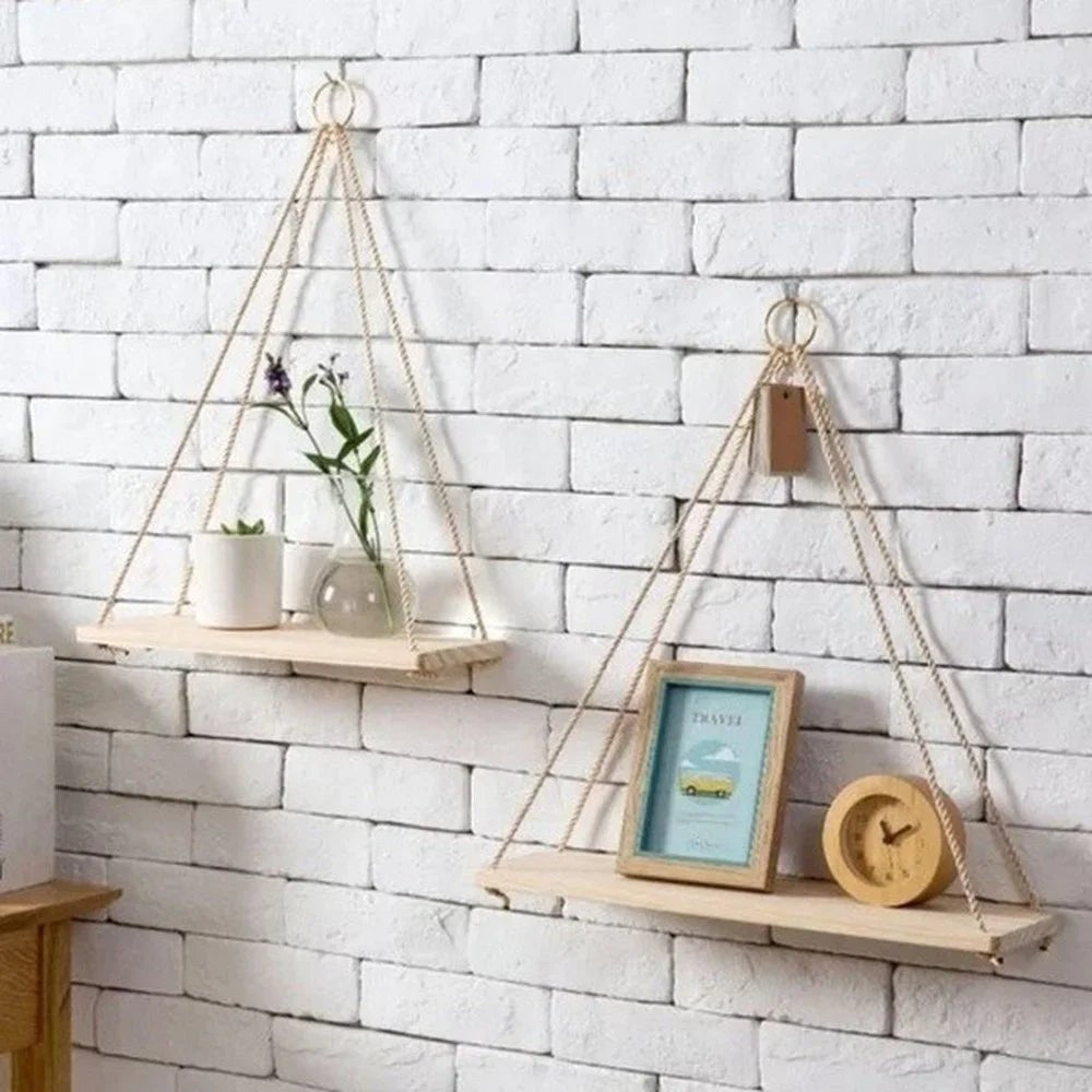 Wood Swing Hanging Rope Wall Mounted Floating Shelves Indie Decor - StudySphere