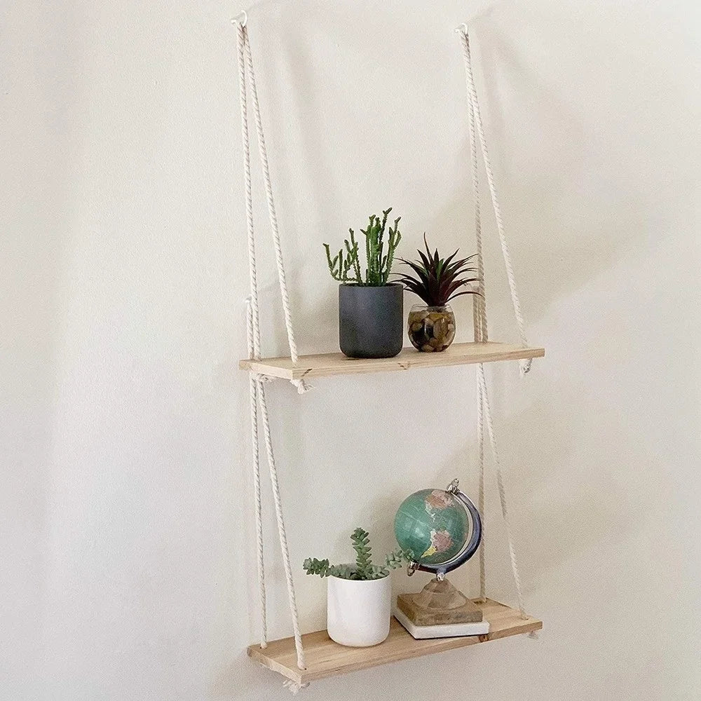 Wood Swing Hanging Rope Wall Mounted Floating Shelves Indie Decor - StudySphere