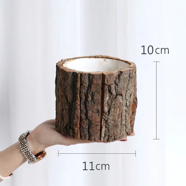 Wooden Plant Pot Vintage round Table Decorative Style Wooden Flowerpot Fake Tree Bark Succulent Plants Creative Container - StudySphere