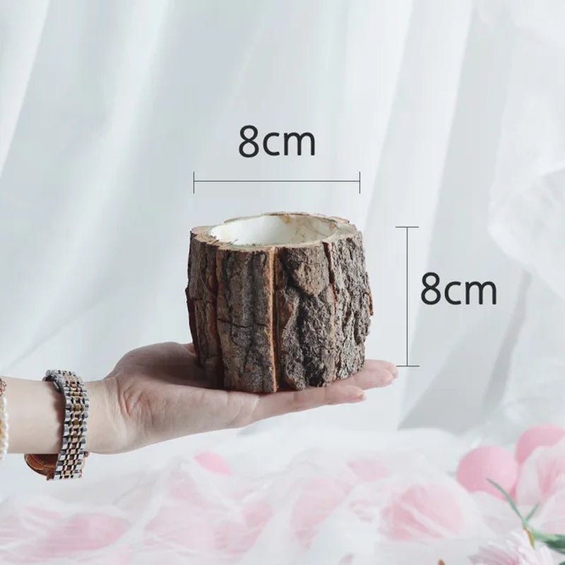 Wooden Plant Pot Vintage round Table Decorative Style Wooden Flowerpot Fake Tree Bark Succulent Plants Creative Container - StudySphere