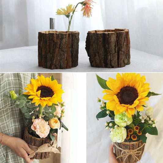 Wooden Plant Pot Vintage round Table Decorative Style Wooden Flowerpot Fake Tree Bark Succulent Plants Creative Container - StudySphere